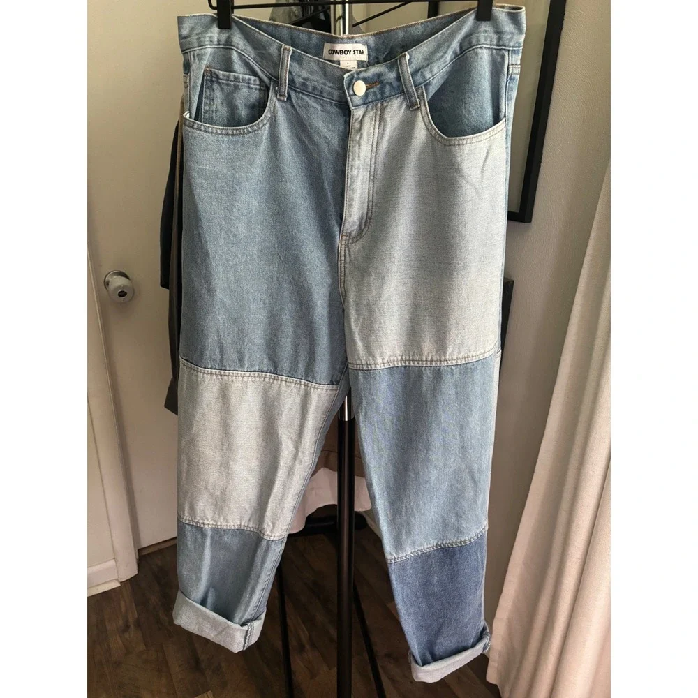 Cowboy Star Womens Patchwork Denim Jeans Light Wash Relaxed Straight Leg L